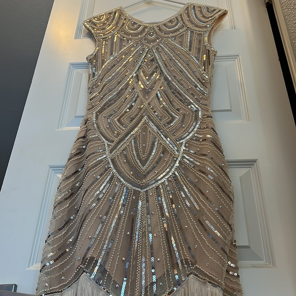 BABEYOND NWT  pearl beaded, sequin, lace overlay flapper fringe dress size S